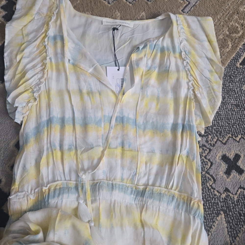 Nwt MELISSA NEPTON Yellow & White Striped Midi Dress | Ruffle Hem Feminine - Picture 4 of 7